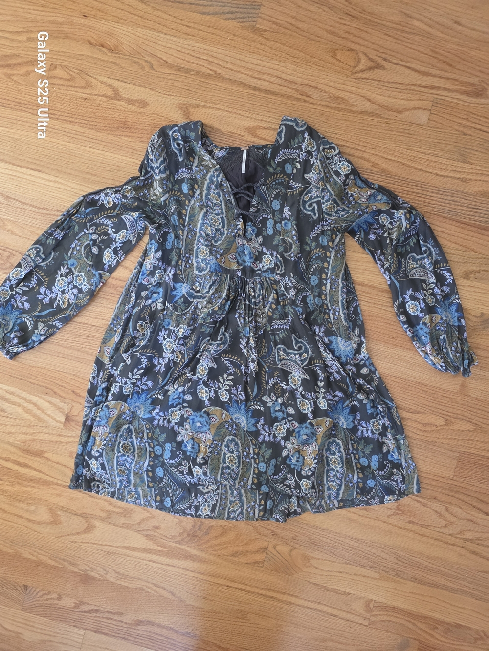 Free People Paisley Long Sleeve Tunic Dress - Black with Blue & Olive